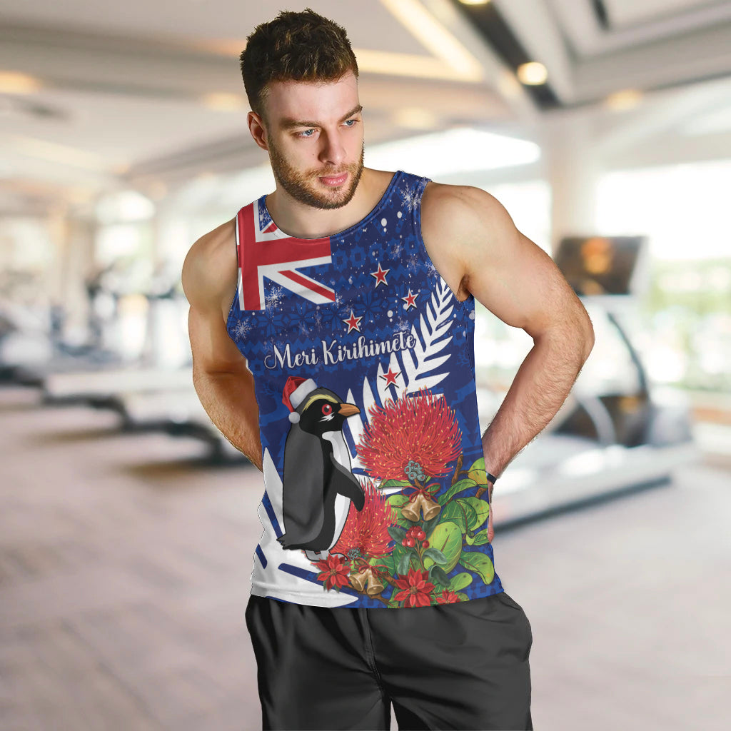 New Zealand Christmas In July Men Tank Top Fiordland Penguin With Pohutukawa Flower LT14 Blue - Polynesian Pride