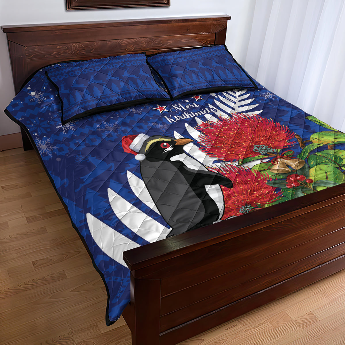 New Zealand Christmas In July Quilt Bed Set Fiordland Penguin With Pohutukawa Flower