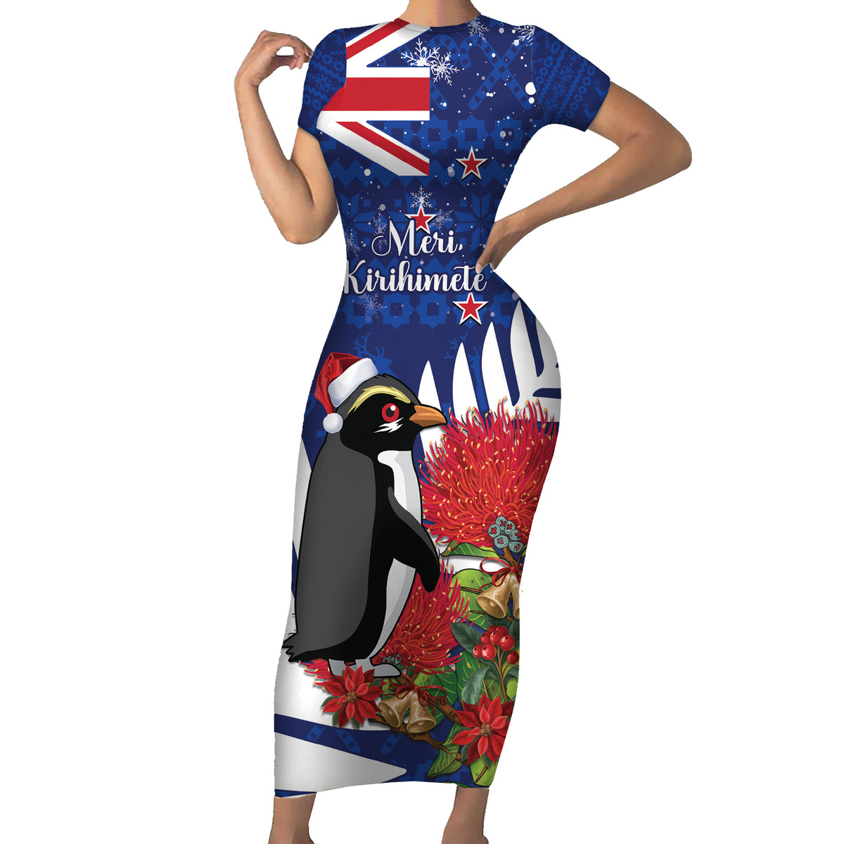 New Zealand Christmas In July Short Sleeve Bodycon Dress Fiordland Penguin With Pohutukawa Flower LT14 Long Dress Blue - Polynesian Pride