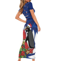 New Zealand Christmas In July Short Sleeve Bodycon Dress Fiordland Penguin With Pohutukawa Flower LT14 - Polynesian Pride