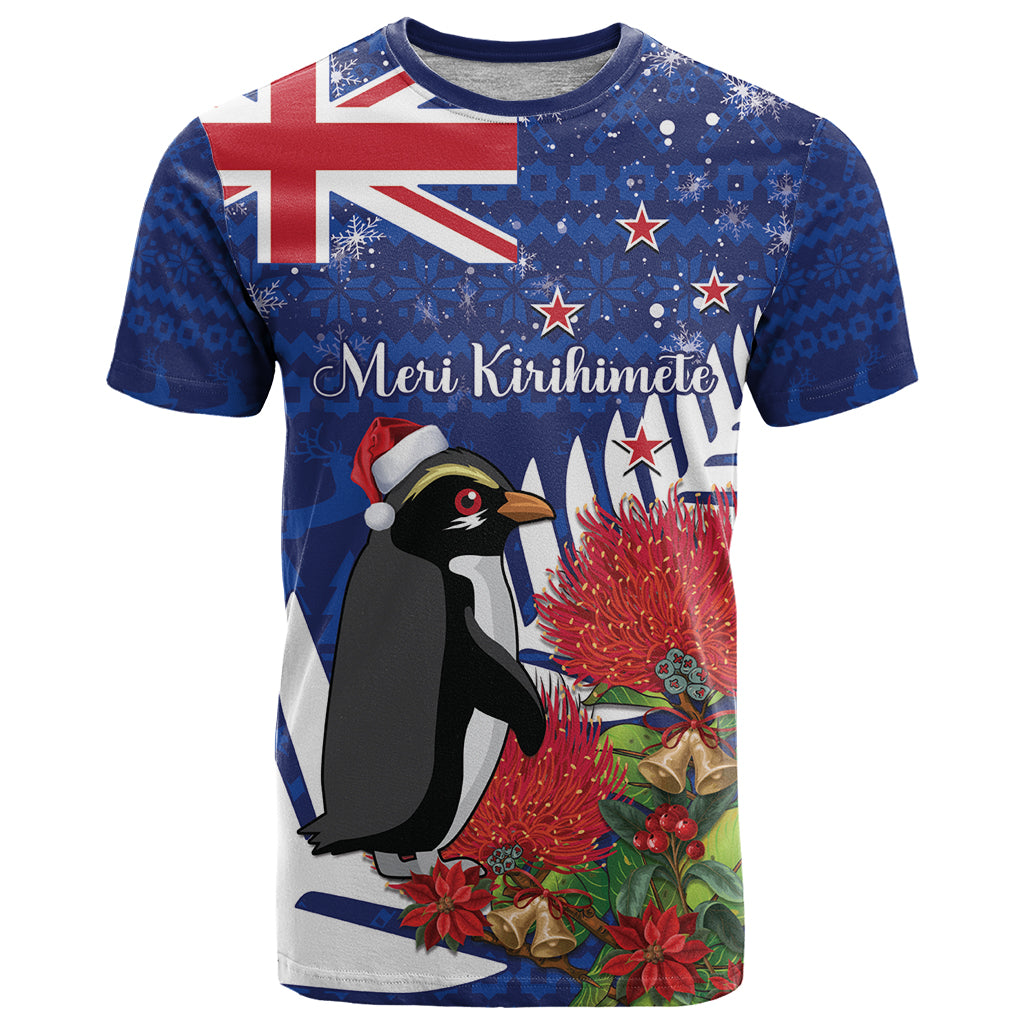 New Zealand Christmas In July T Shirt Fiordland Penguin With Pohutukawa Flower LT14 Blue - Polynesian Pride