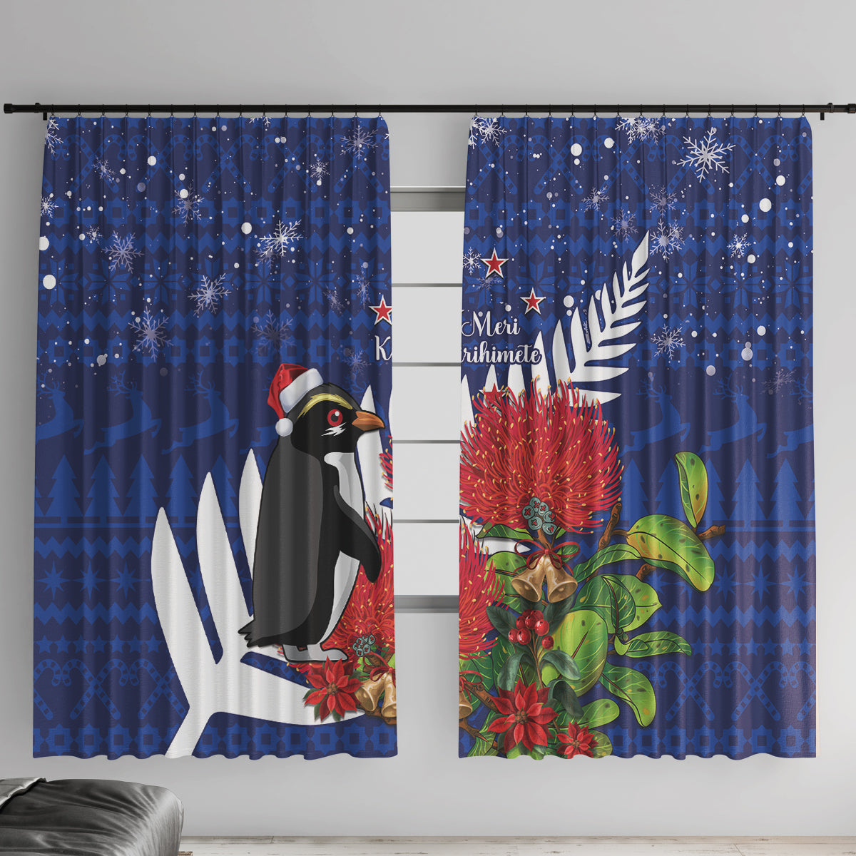 New Zealand Christmas In July Window Curtain Fiordland Penguin With Pohutukawa Flower LT14 With Hooks Blue - Polynesian Pride
