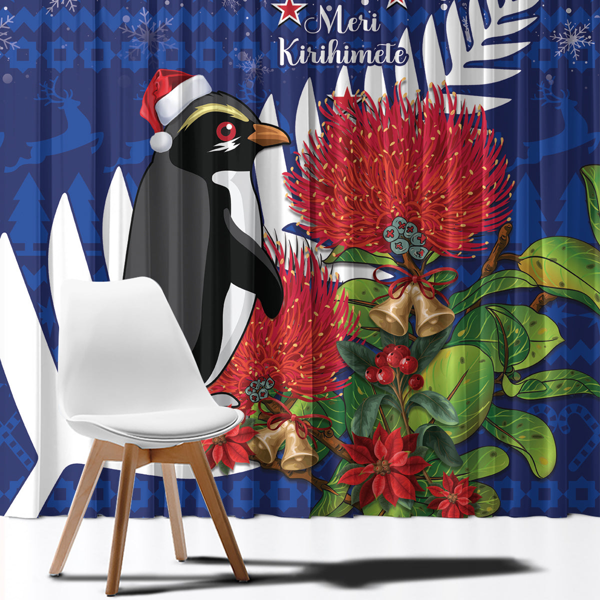 New Zealand Christmas In July Window Curtain Fiordland Penguin With Pohutukawa Flower LT14 - Polynesian Pride