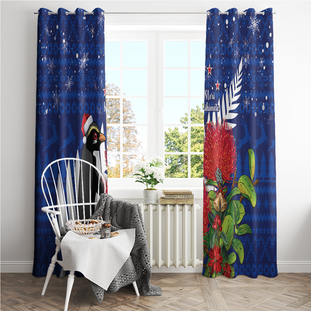 New Zealand Christmas In July Window Curtain Fiordland Penguin With Pohutukawa Flower LT14 - Polynesian Pride