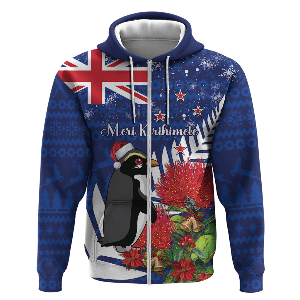 New Zealand Christmas In July Zip Hoodie Fiordland Penguin With Pohutukawa Flower LT14 Zip Hoodie Blue - Polynesian Pride