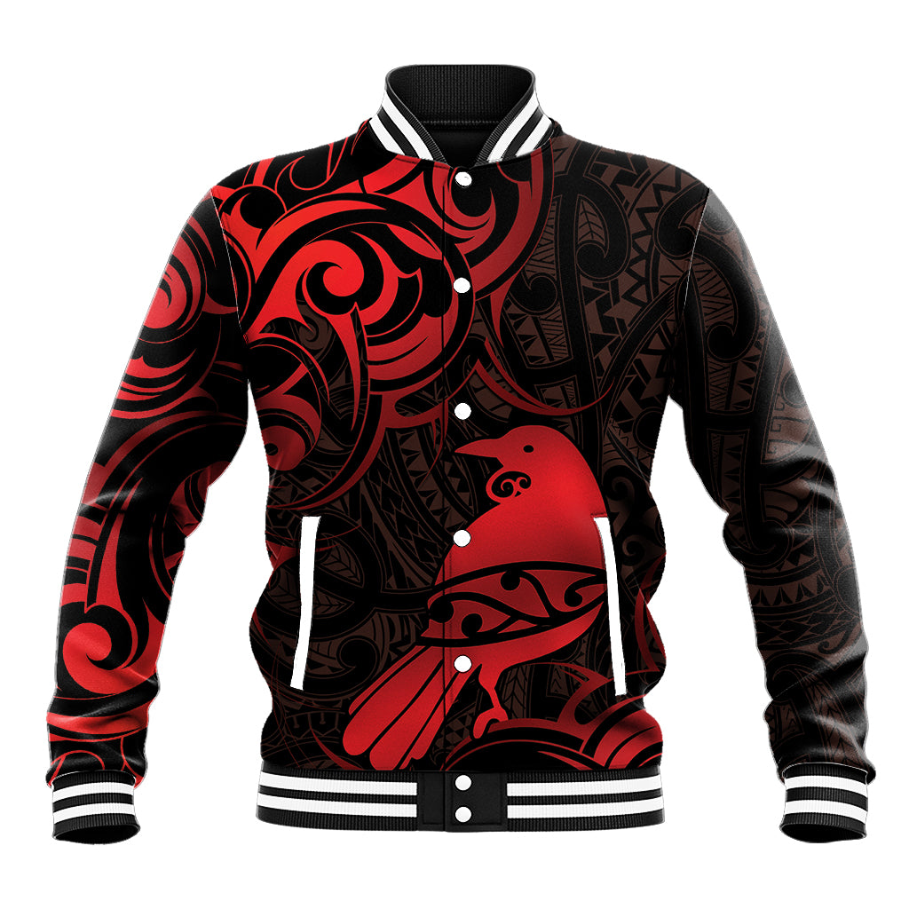 New Zealand Tui Bird Baseball Jacket Aotearoa Maori Pattern - Red