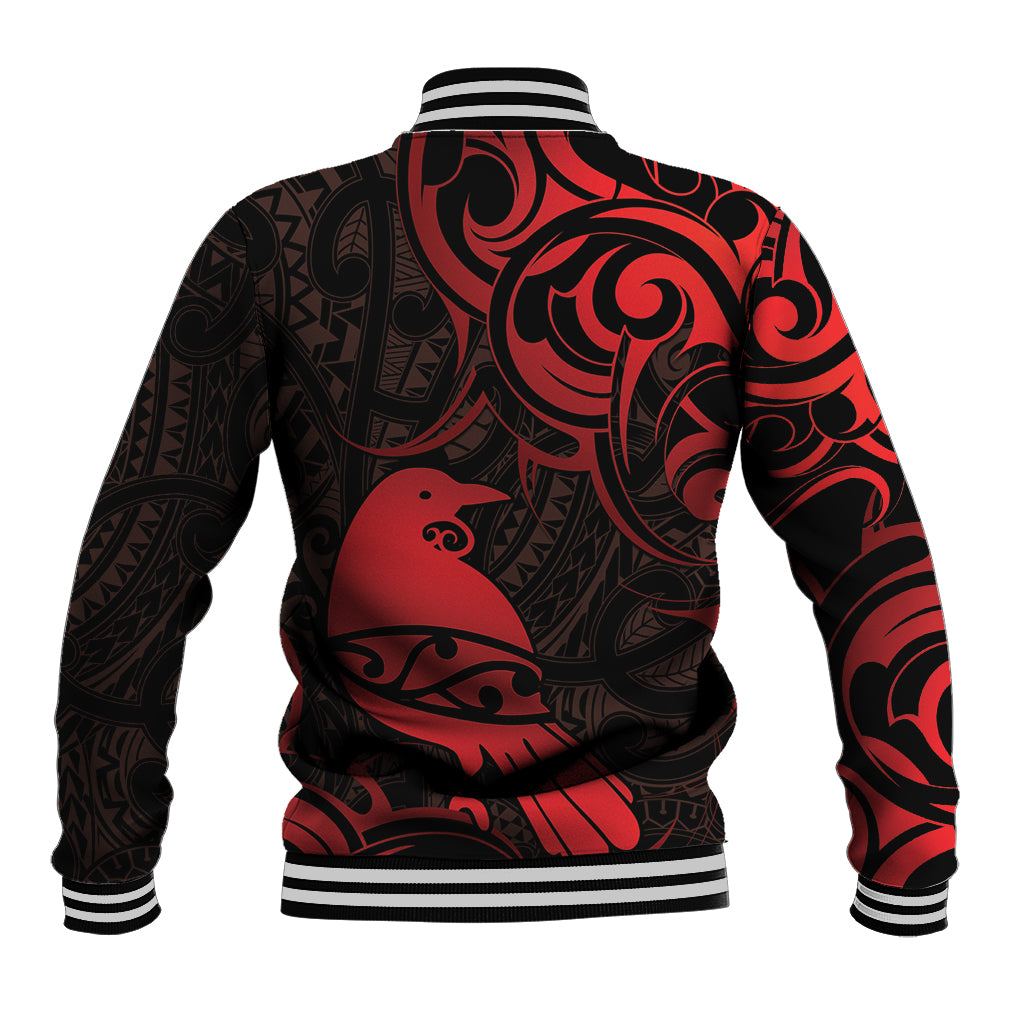 New Zealand Tui Bird Baseball Jacket Aotearoa Maori Pattern - Red