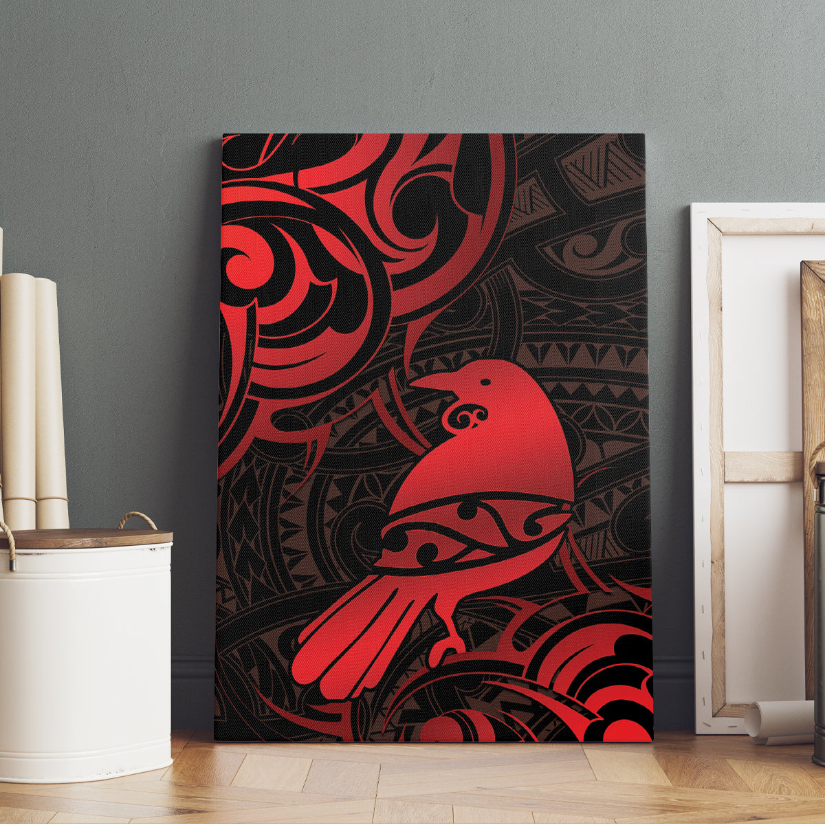 New Zealand Tui Bird Canvas Wall Art Aotearoa Maori Pattern - Red