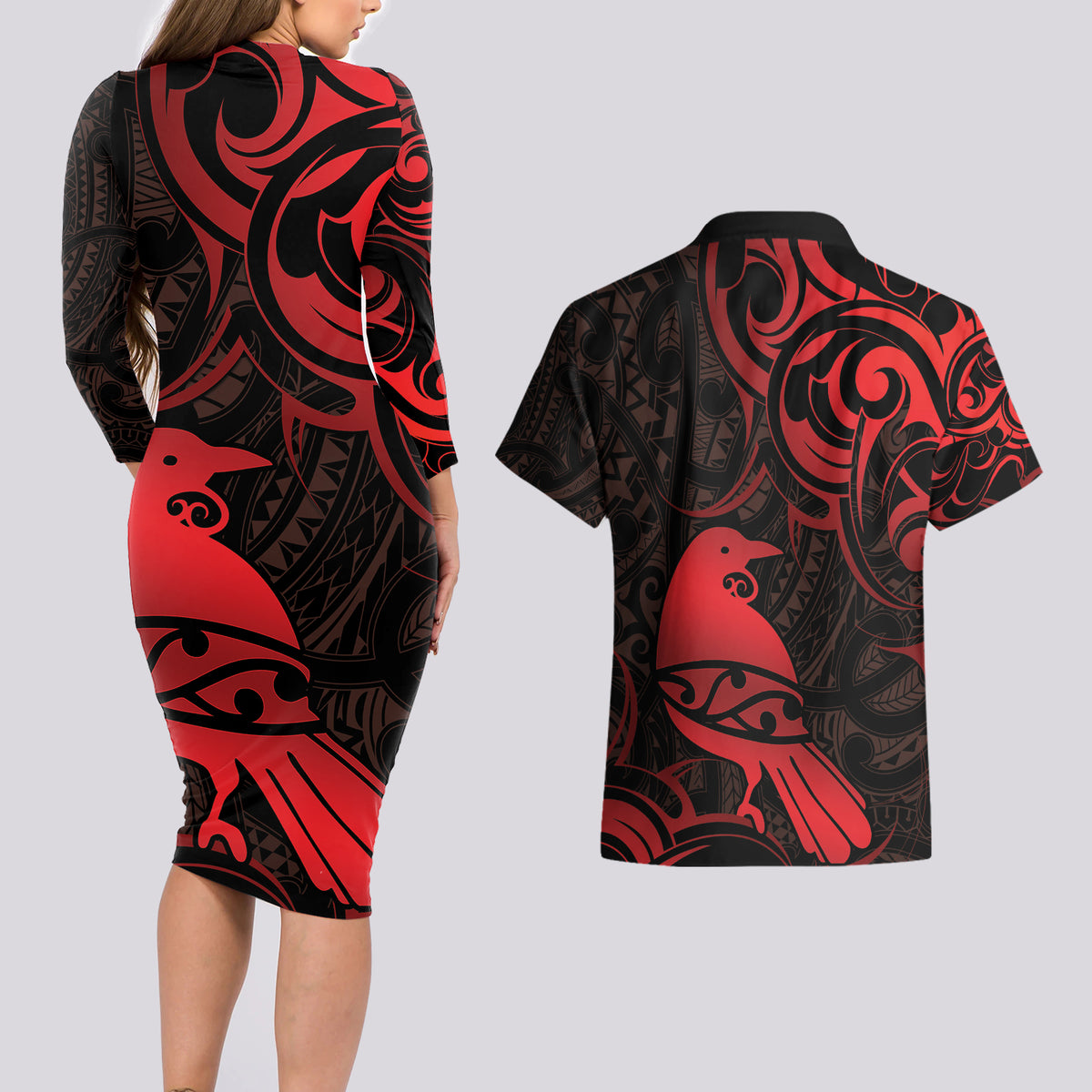 New Zealand Tui Bird Couples Matching Long Sleeve Bodycon Dress and Hawaiian Shirt Aotearoa Maori Pattern - Red LT14 - Polynesian Pride