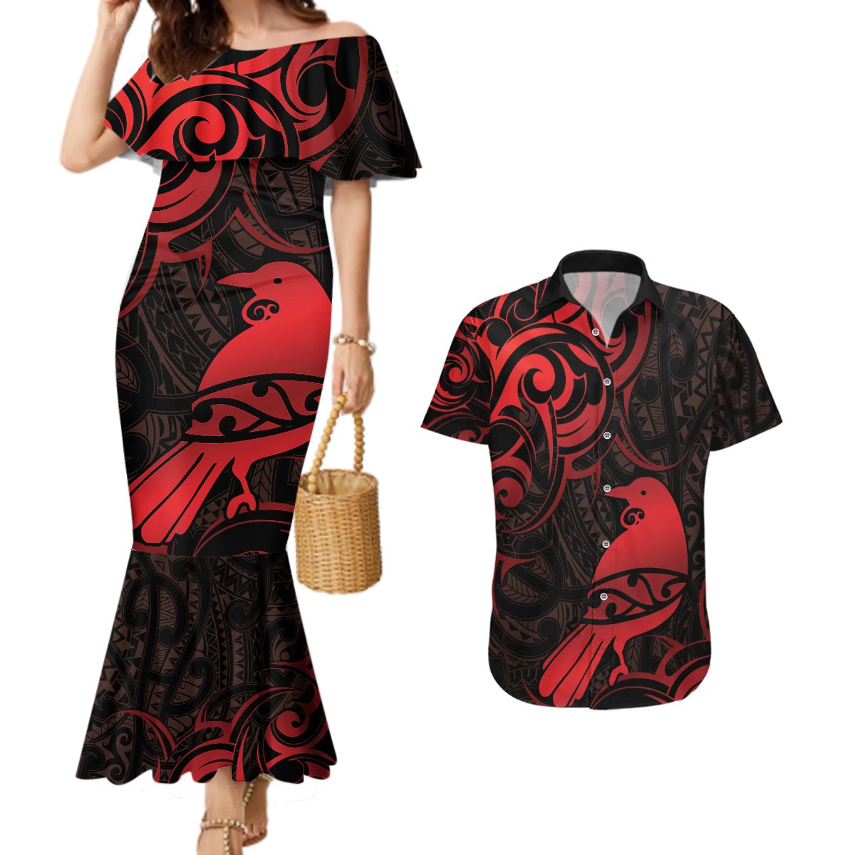 New Zealand Tui Bird Couples Matching Mermaid Dress and Hawaiian Shirt Aotearoa Maori Pattern - Red LT14 Red - Polynesian Pride