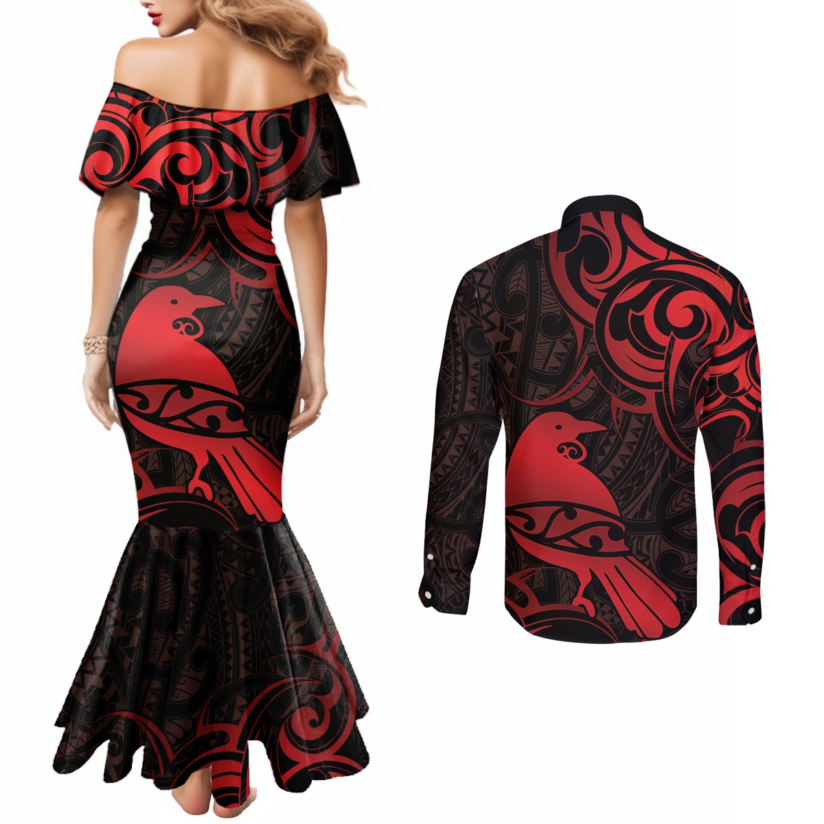 New Zealand Tui Bird Couples Matching Mermaid Dress and Long Sleeve Button Shirt Aotearoa Maori Pattern - Red