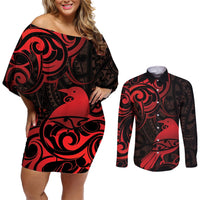 New Zealand Tui Bird Couples Matching Off Shoulder Short Dress and Long Sleeve Button Shirt Aotearoa Maori Pattern - Red