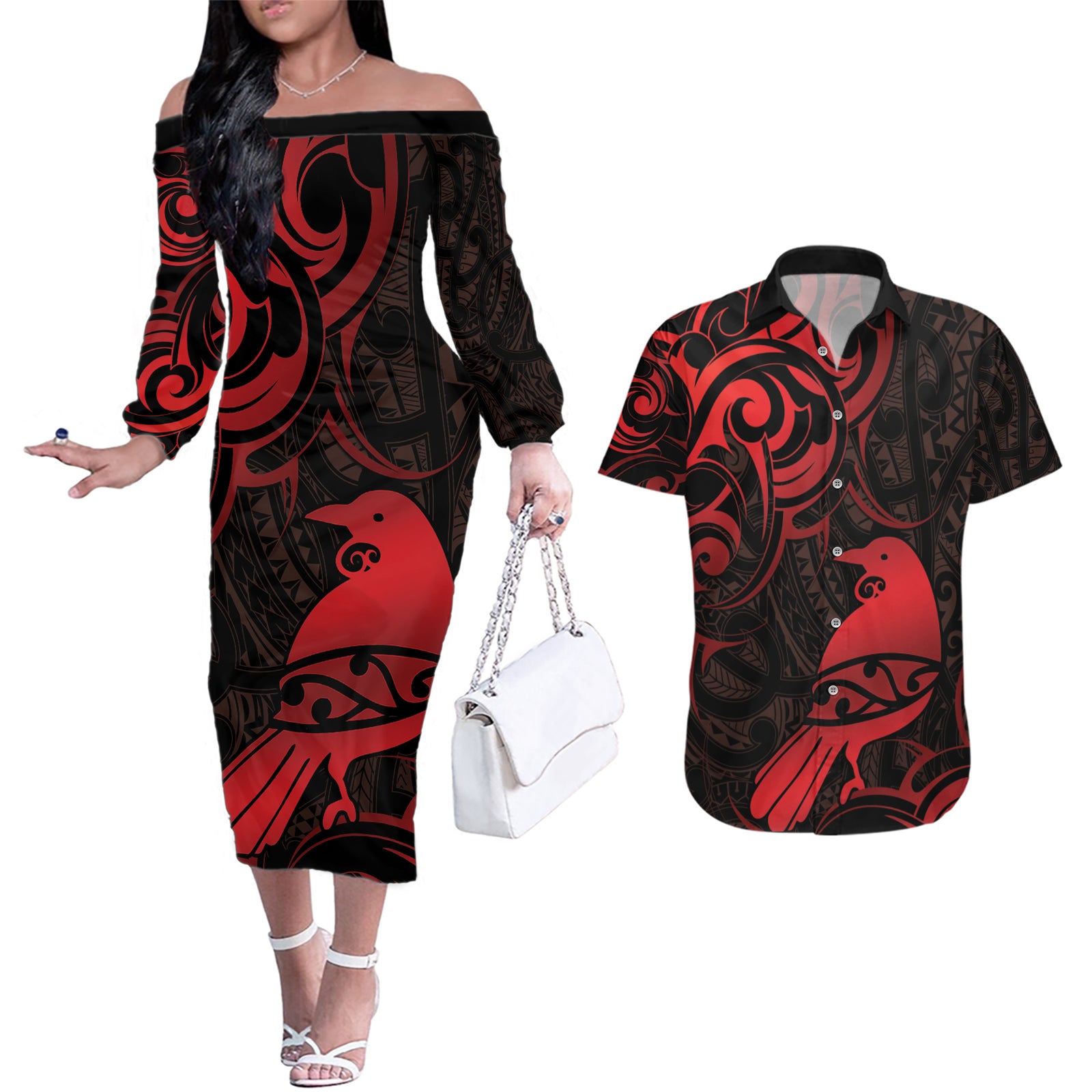 New Zealand Tui Bird Couples Matching Off The Shoulder Long Sleeve Dress and Hawaiian Shirt Aotearoa Maori Pattern - Red