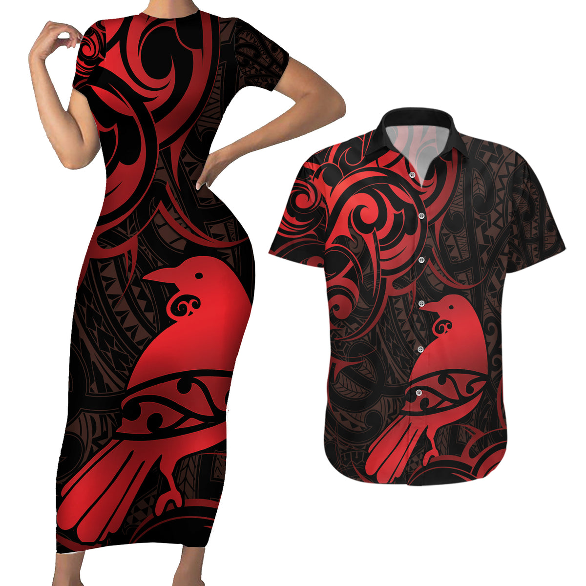 New Zealand Tui Bird Couples Matching Short Sleeve Bodycon Dress and Hawaiian Shirt Aotearoa Maori Pattern - Red LT14 Red - Polynesian Pride