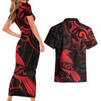 New Zealand Tui Bird Couples Matching Short Sleeve Bodycon Dress and Hawaiian Shirt Aotearoa Maori Pattern - Red LT14 - Polynesian Pride
