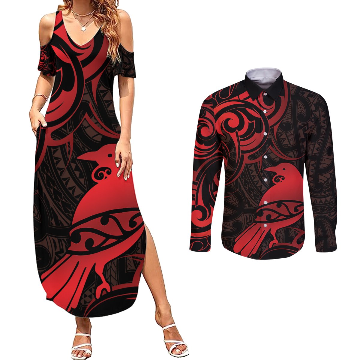 New Zealand Tui Bird Couples Matching Summer Maxi Dress and Long Sleeve Button Shirt Aotearoa Maori Pattern - Red