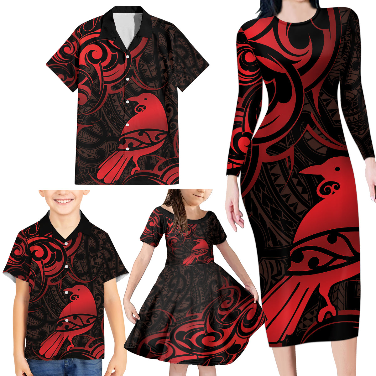 New Zealand Tui Bird Family Matching Long Sleeve Bodycon Dress and Hawaiian Shirt Aotearoa Maori Pattern - Red LT14 - Polynesian Pride