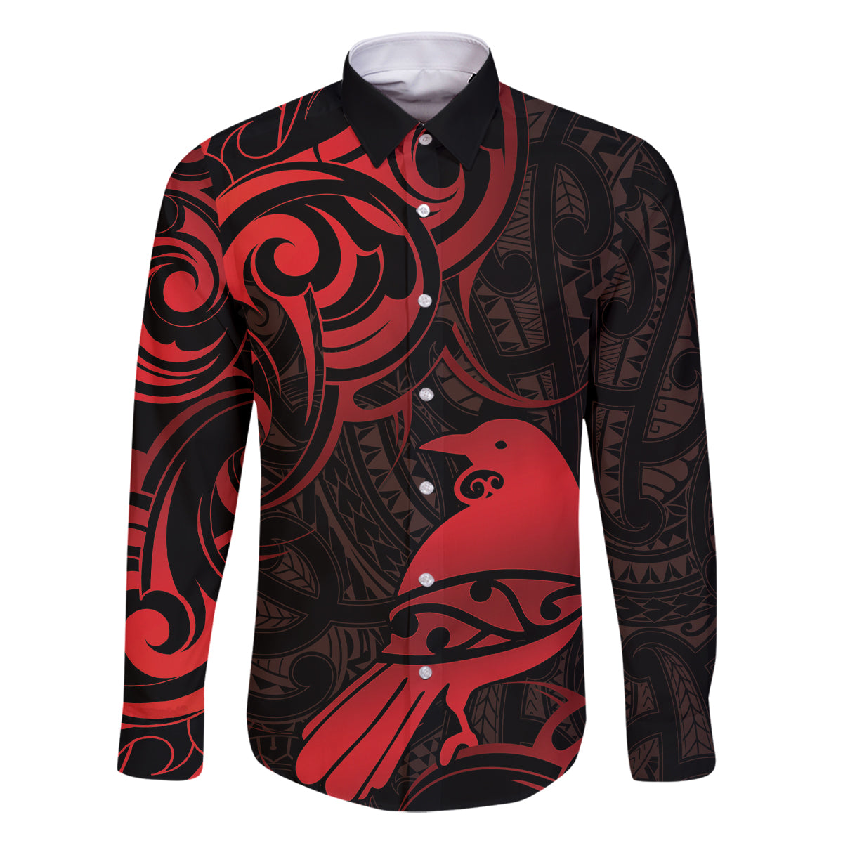 New Zealand Tui Bird Family Matching Long Sleeve Bodycon Dress and Hawaiian Shirt Aotearoa Maori Pattern - Red LT14 Dad's Shirt - Long Sleeve Red - Polynesian Pride