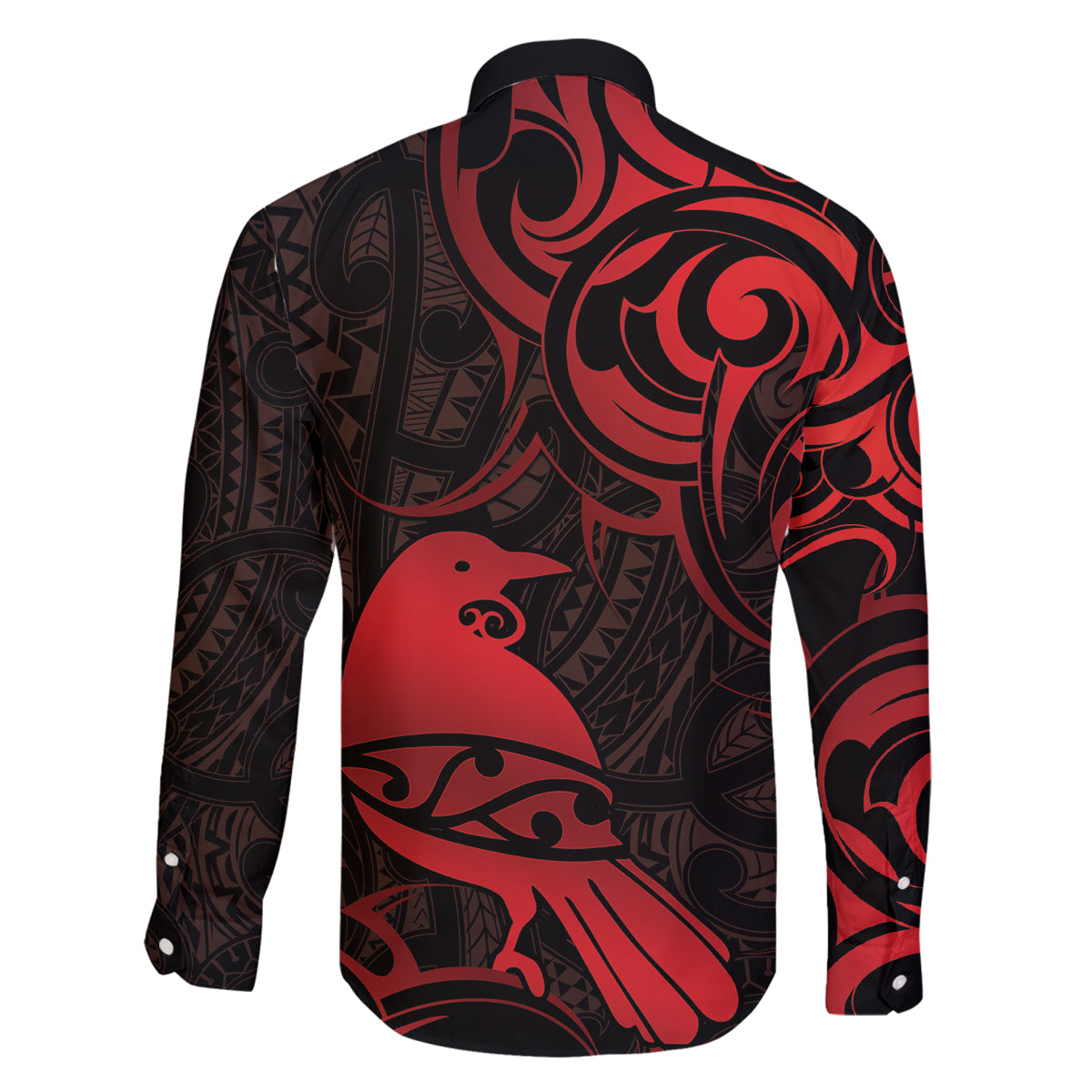 New Zealand Tui Bird Family Matching Long Sleeve Bodycon Dress and Hawaiian Shirt Aotearoa Maori Pattern - Red LT14 - Polynesian Pride
