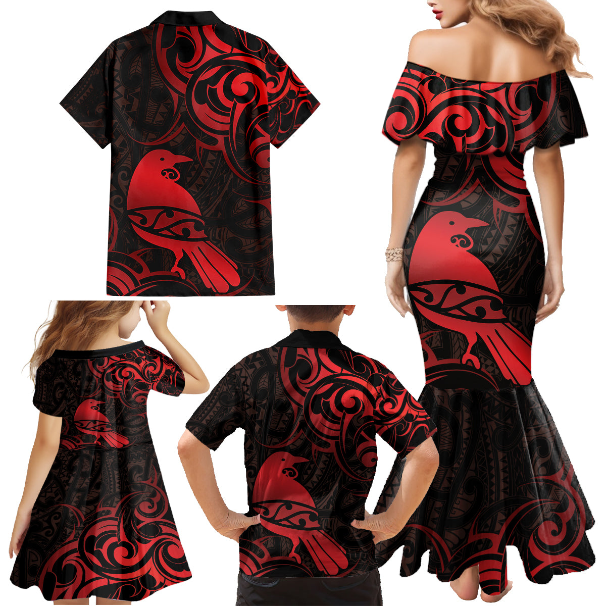 New Zealand Tui Bird Family Matching Mermaid Dress and Hawaiian Shirt Aotearoa Maori Pattern - Red LT14 - Polynesian Pride