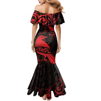 New Zealand Tui Bird Family Matching Mermaid Dress and Hawaiian Shirt Aotearoa Maori Pattern - Red LT14 - Polynesian Pride