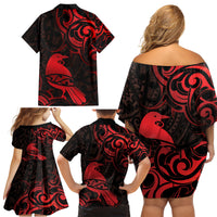 New Zealand Tui Bird Family Matching Off Shoulder Short Dress and Hawaiian Shirt Aotearoa Maori Pattern - Red