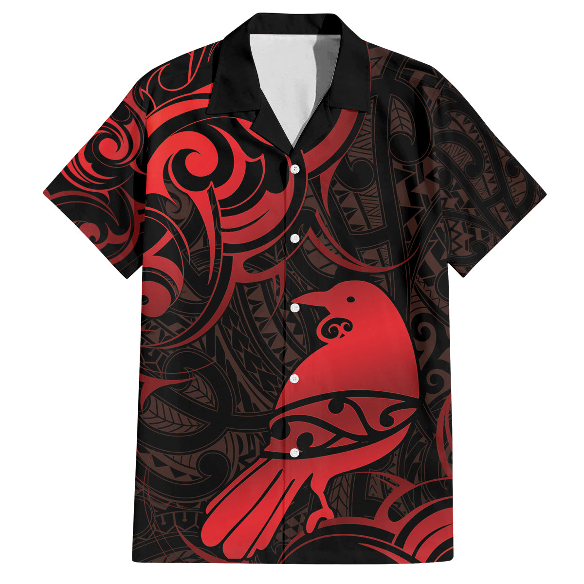 New Zealand Tui Bird Family Matching Off Shoulder Short Dress and Hawaiian Shirt Aotearoa Maori Pattern - Red