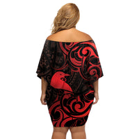 New Zealand Tui Bird Family Matching Off Shoulder Short Dress and Hawaiian Shirt Aotearoa Maori Pattern - Red