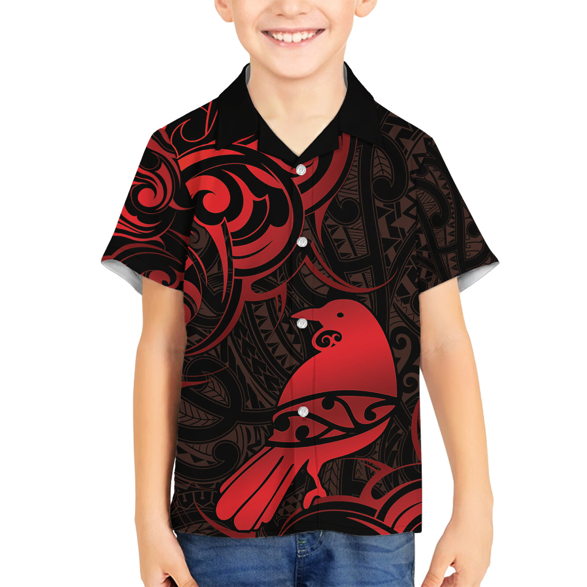 New Zealand Tui Bird Family Matching Off Shoulder Short Dress and Hawaiian Shirt Aotearoa Maori Pattern - Red