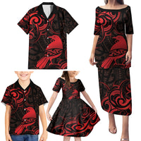 New Zealand Tui Bird Family Matching Puletasi and Hawaiian Shirt Aotearoa Maori Pattern - Red LT14 - Polynesian Pride