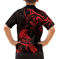 New Zealand Tui Bird Family Matching Short Sleeve Bodycon Dress and Hawaiian Shirt Aotearoa Maori Pattern - Red LT14 - Polynesian Pride