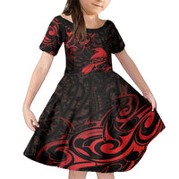 New Zealand Tui Bird Family Matching Short Sleeve Bodycon Dress and Hawaiian Shirt Aotearoa Maori Pattern - Red LT14 Daughter's Dress Red - Polynesian Pride