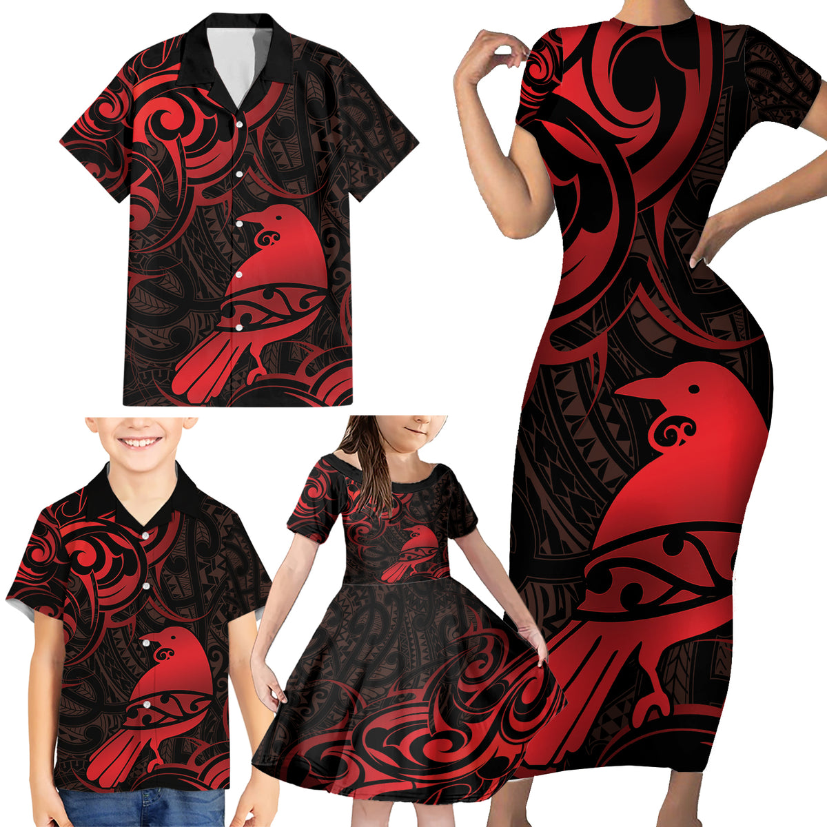 New Zealand Tui Bird Family Matching Short Sleeve Bodycon Dress and Hawaiian Shirt Aotearoa Maori Pattern - Red LT14 - Polynesian Pride