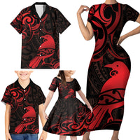 New Zealand Tui Bird Family Matching Short Sleeve Bodycon Dress and Hawaiian Shirt Aotearoa Maori Pattern - Red LT14 - Polynesian Pride