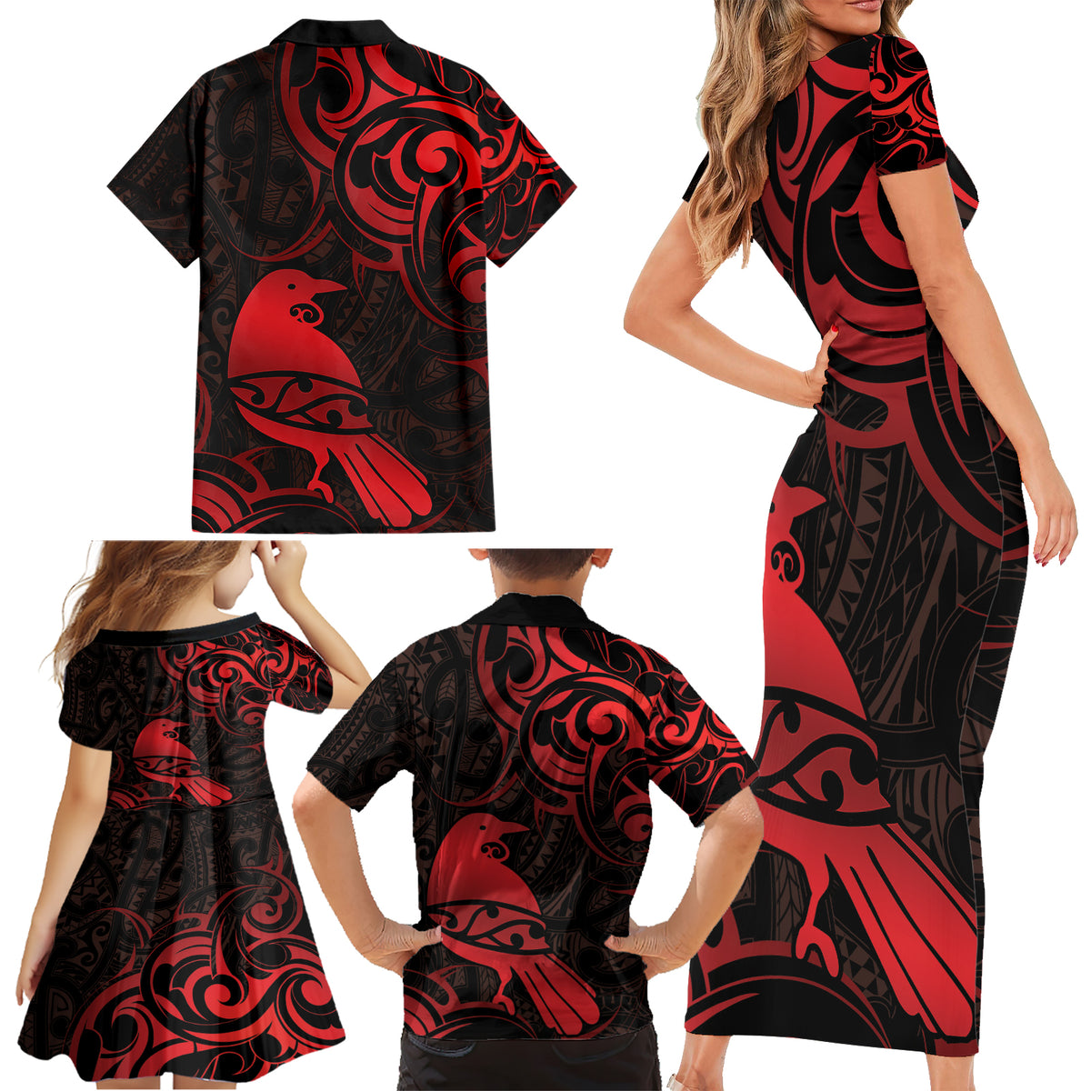 New Zealand Tui Bird Family Matching Short Sleeve Bodycon Dress and Hawaiian Shirt Aotearoa Maori Pattern - Red LT14 - Polynesian Pride