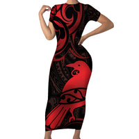 New Zealand Tui Bird Family Matching Short Sleeve Bodycon Dress and Hawaiian Shirt Aotearoa Maori Pattern - Red LT14 Mom's Dress Red - Polynesian Pride