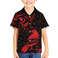 New Zealand Tui Bird Family Matching Short Sleeve Bodycon Dress and Hawaiian Shirt Aotearoa Maori Pattern - Red LT14 Son's Shirt Red - Polynesian Pride