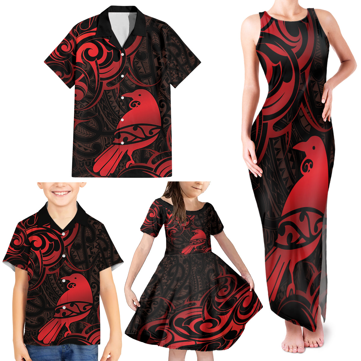 New Zealand Tui Bird Family Matching Tank Maxi Dress and Hawaiian Shirt Aotearoa Maori Pattern - Red
