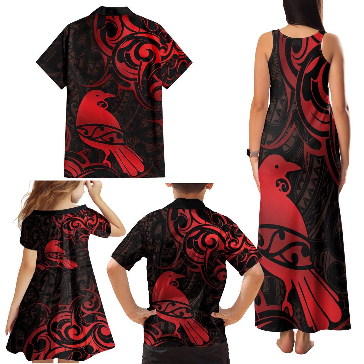New Zealand Tui Bird Family Matching Tank Maxi Dress and Hawaiian Shirt Aotearoa Maori Pattern - Red