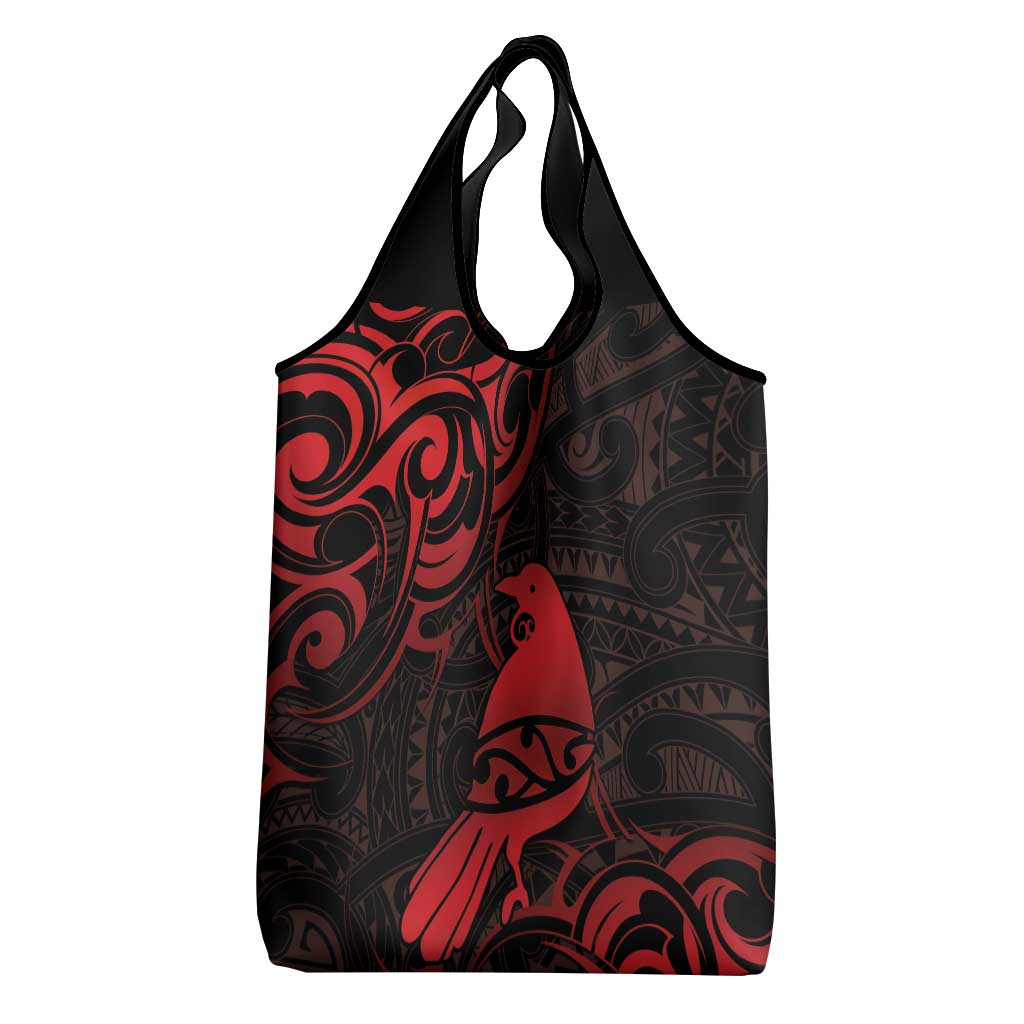 New Zealand Tui Bird Grocery Bag Aotearoa Maori Pattern - Red