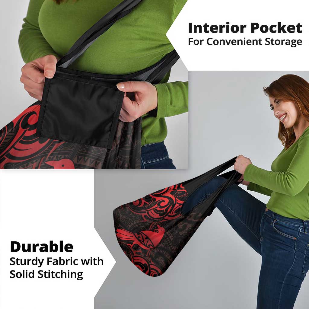 New Zealand Tui Bird Grocery Bag Aotearoa Maori Pattern - Red