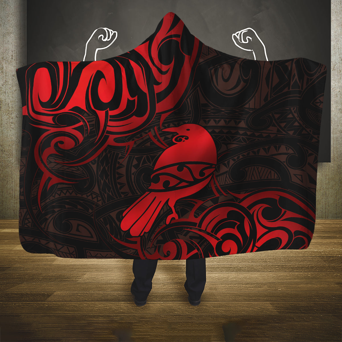 New Zealand Tui Bird Hooded Blanket Aotearoa Maori Pattern - Red