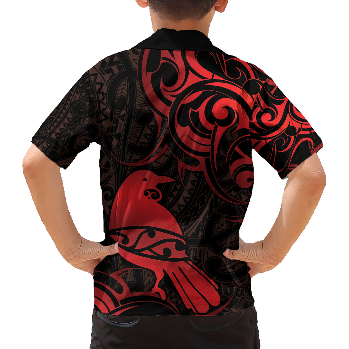 New Zealand Tui Bird Kid Hawaiian Shirt Aotearoa Maori Pattern - Red
