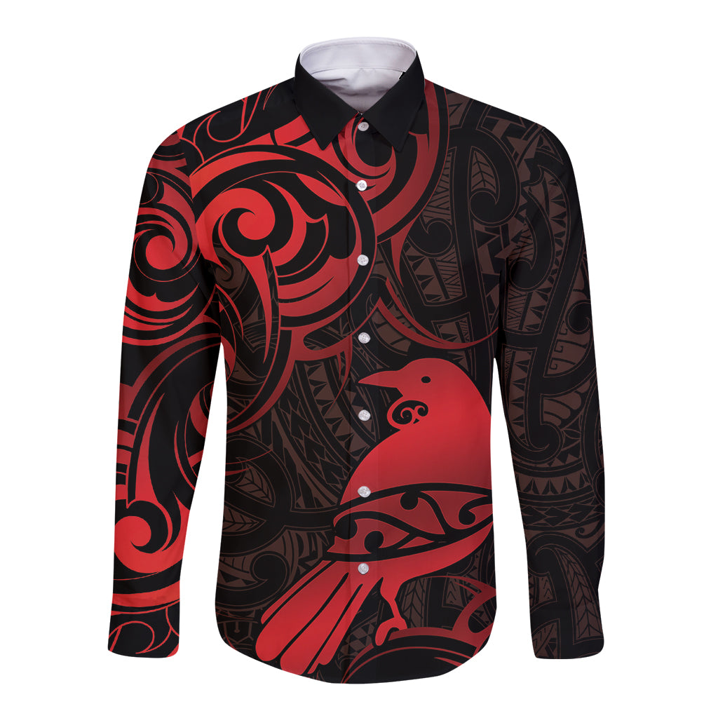 New Zealand Tui Bird Long Sleeve Button Shirt Aotearoa Maori Pattern - Red