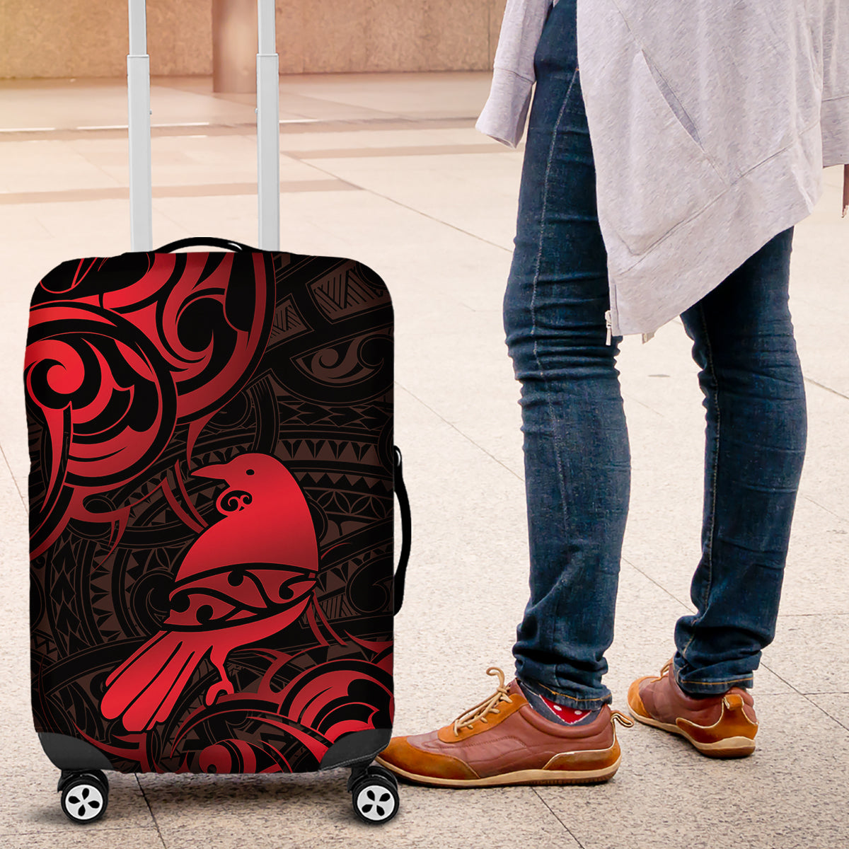 New Zealand Tui Bird Luggage Cover Aotearoa Maori Pattern - Red