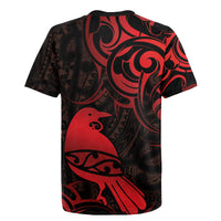 New Zealand Tui Bird Rugby Jersey Aotearoa Maori Pattern - Red