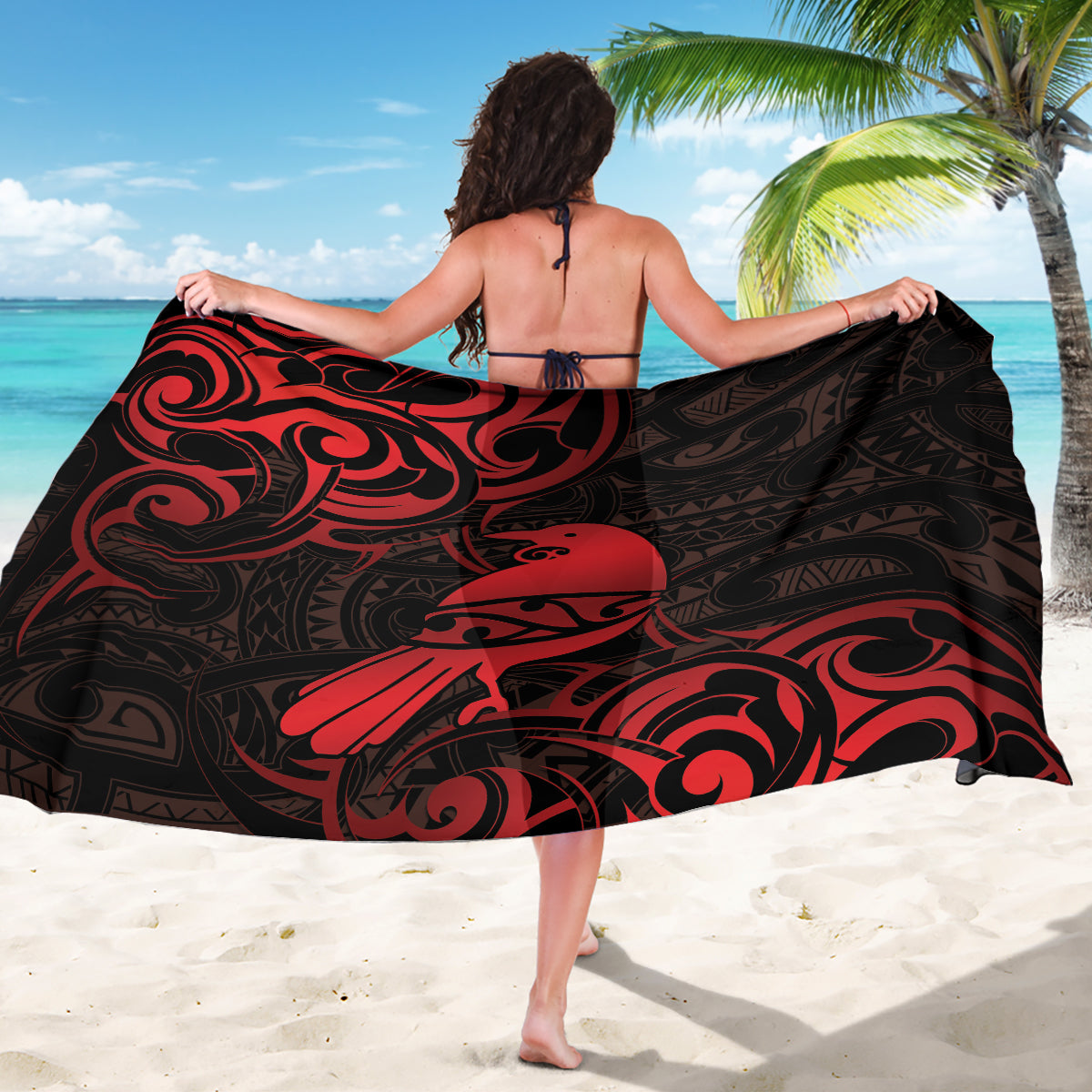 New Zealand Tui Bird Sarong Aotearoa Maori Pattern - Red