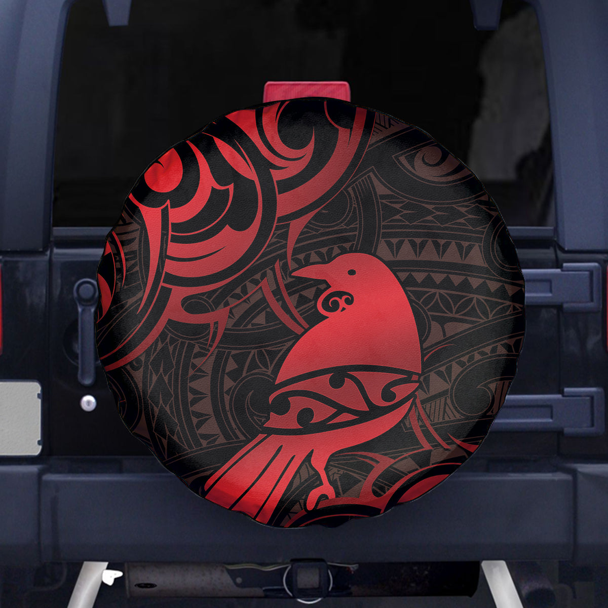 New Zealand Tui Bird Spare Tire Cover Aotearoa Maori Pattern - Red
