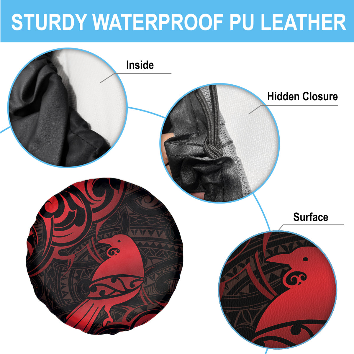 New Zealand Tui Bird Spare Tire Cover Aotearoa Maori Pattern - Red