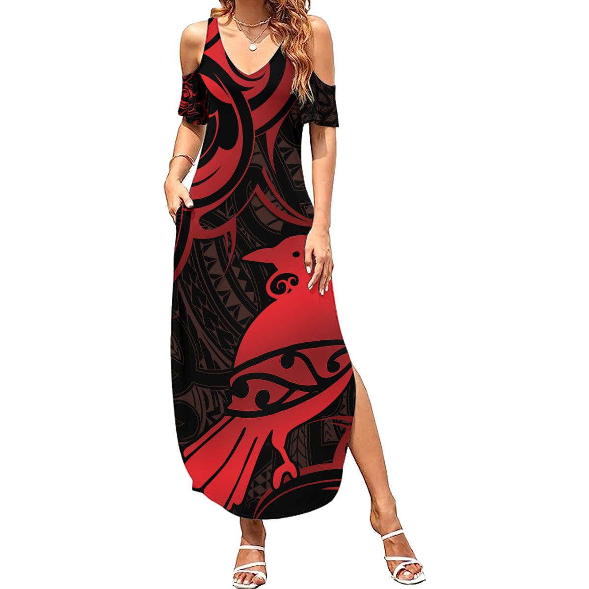 New Zealand Tui Bird Summer Maxi Dress Aotearoa Maori Pattern - Red